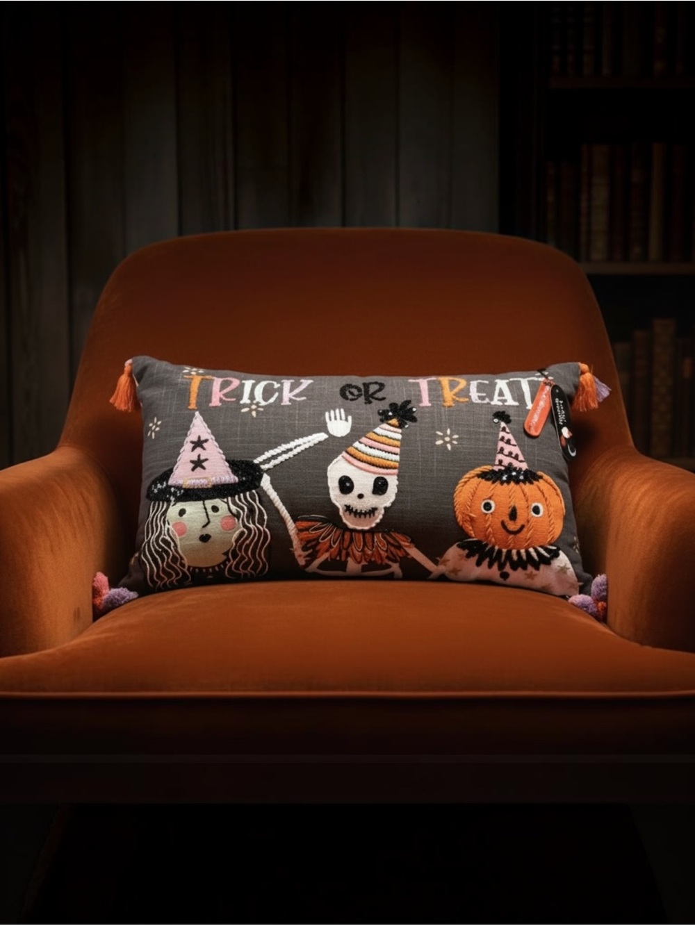 Feelin Spooky‎ Large Halloween Pillow Trick Or Treat Witch Skeleton NWT 14"x24"